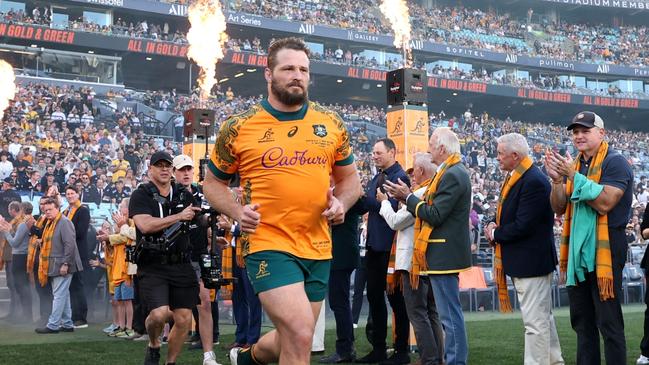 SYDNEY, AUSTRALIA - SEPTEMBER 21: James Slipper of the Wallabies leads the team out ahead of The Rugby Championship & Bledisloe Cup match between Australia Wallabies and New Zealand All Blacks at Accor Stadium on September 21, 2024 in Sydney, Australia. (Photo by Cameron Spencer/Getty Images)