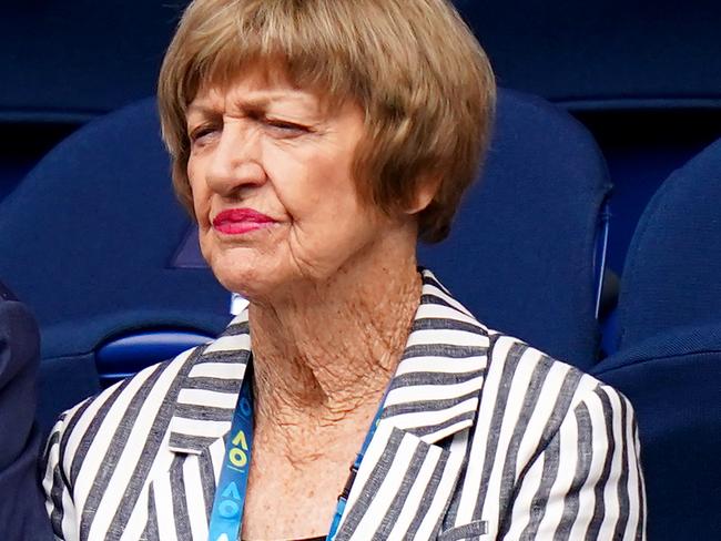 Margaret Court and her husband Barry watch on during the first round match between Naomi Osaka of Japan and Marie Bouzkova of the Czech Republic on day one of the Australian Open tennis tournament at Rod Laver Arena in Melbourne, Monday, January 20, 2020. (AAP Image/Scott Barbour) NO ARCHIVING, EDITORIAL USE ONLY