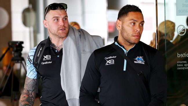 The Cronulla Sharks Josh Dugan (left) and Jesse Ramien pictured at Sydney Airport just before catching a flight to Melbourne for Friday's prelim final, Sydney, 20 September 2018. Picture by Damian Shaw