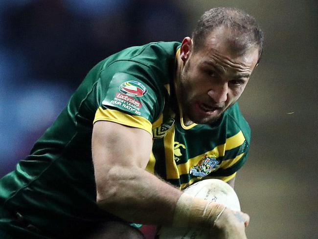 New Zealand's Jesse Bromwich tackles Australia's Blake Ferguson for the ball during the Four Nations rugby league match at the Ricoh Arena, Coventry, England, Saturday Nov. 5, 2016. (Simon Cooper/PA via AP)