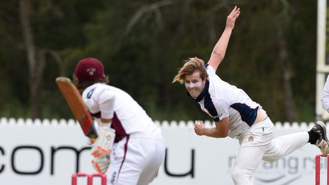 Mudgeeraba Nerang left-armer Mackenzie Barclay chipped in with the wicket of Burleigh opener Jasper Schoenmaker. Picture: Steve Holland