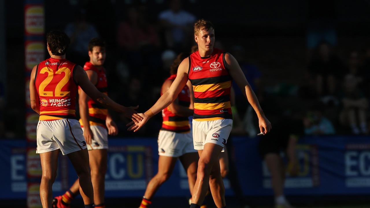 New Crows skipper Jordan Dawson celebrates after scoring a goal. Picture: Getty Images