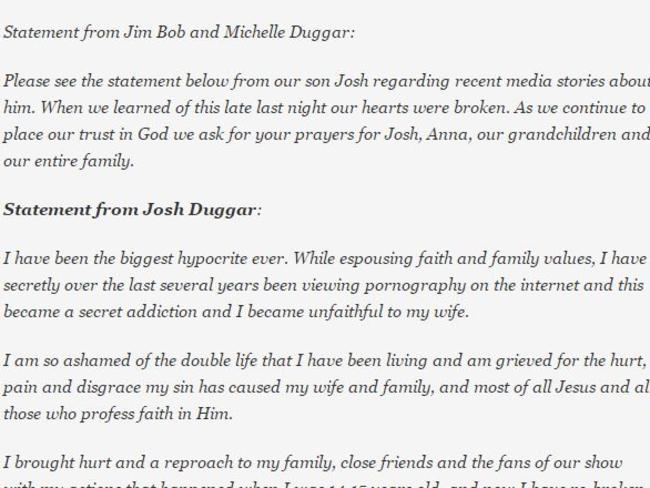 The original press statement, including a line about Duggar’s pornography addiction.