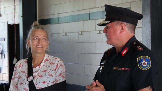 Police, Fire and Emergency Services Minister Kate Worden, next to Territory Chief Fire Officer Mark Spain, announced $11.5m of additional NT government money would be spent on the fire service in the next budget. Picture: Annabel Bowles