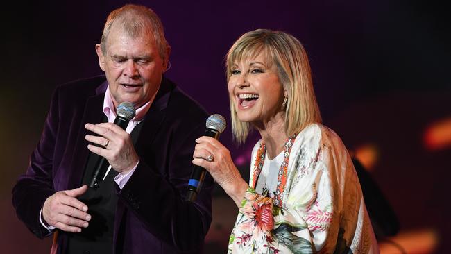 John Farnham, left, and Olivia Newton-John at ANZ Stadium in Sydney in February 2020. Picture: AAP