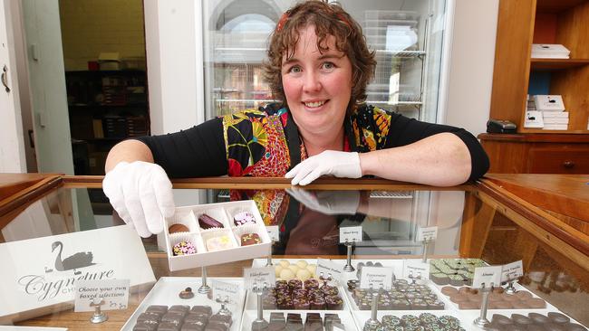 Gillian Ryan (pictured) and her assistant, Nikki Hemmings is pictured at their chocolate shop, Cygneture Chocolates at Cygnet.