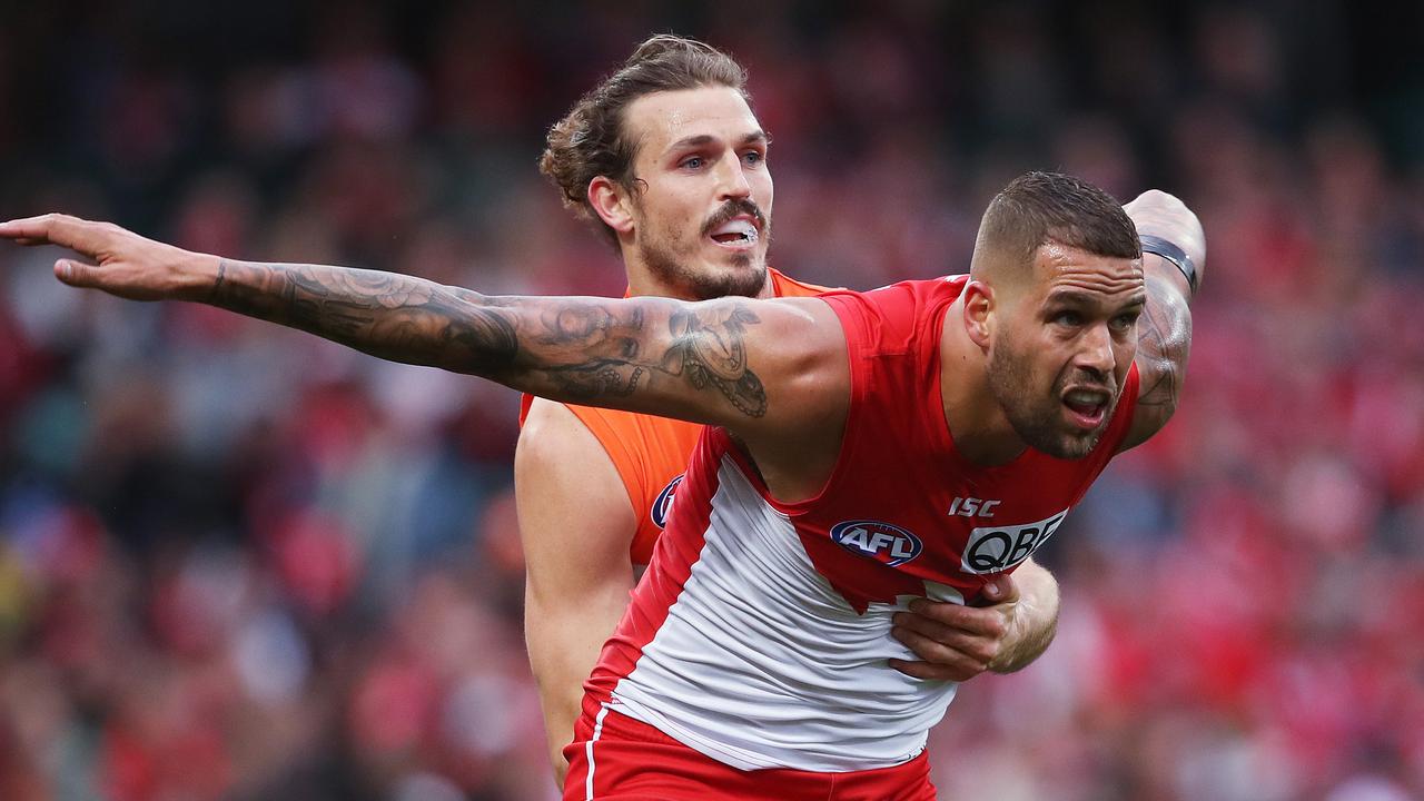 Lance Franklin and Phil Davis will renew hostilities in the Sydney derby this weekend. Picture. Phil Hillyard