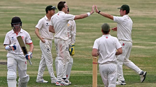 Northcote’s Michael Topp celebrates the wicket of Liam Molloy of Essendon. Picture: Andy Brownbill