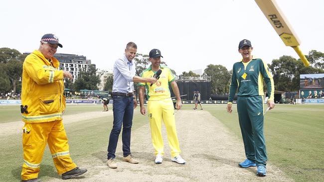 Ricky Ponting and Adam Gilchrist at the bat toss prior to the Bushfire Cricket Bash T20.