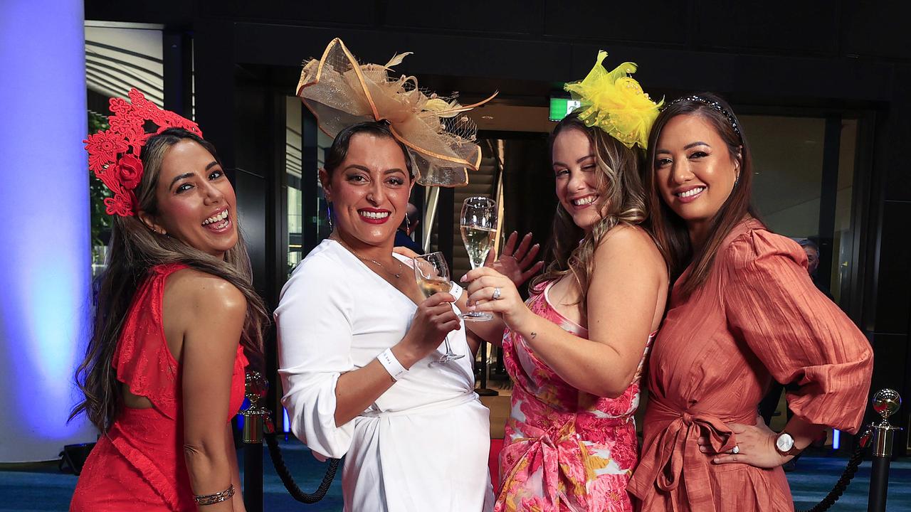 Rohini DÃ&#149;Souza, Carolina Piola, Laura Bacci, and Anna Seeto at The Star Queen's Wharf Melbourne Cup party. Pic: Adam Head