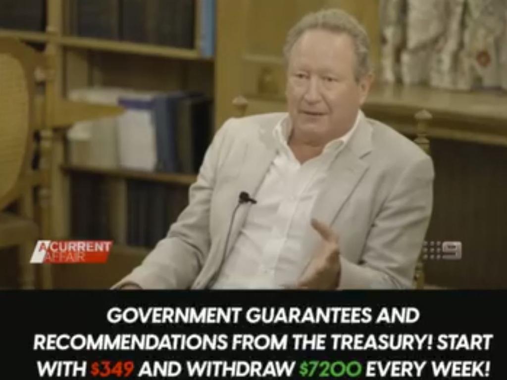 One of the scams using Andrew Forrest’s likeness, published on Meta’s platforms. Picture: Supplied