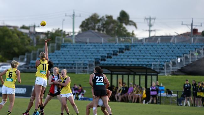 A shot of empty grandstands at yesterday’s AFLW match at Moorabbin. Picture: Michael Klein