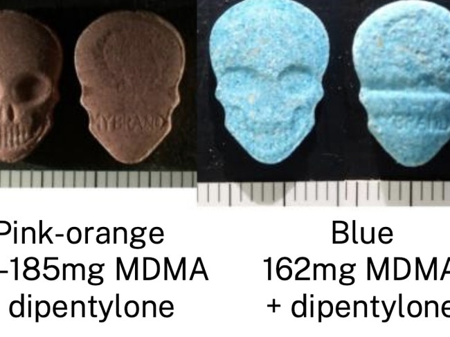 Skull shaped tablets with MYBRAND marking have been found containing high dose MDMA and a synthetic cathinone, dipentylone. Picture: NSW Police