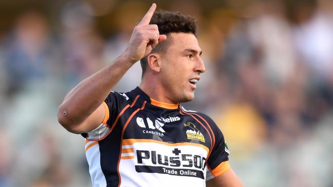 Tom Banks celebrates his try against the Rebels at GIO Stadium. Picture: AAP