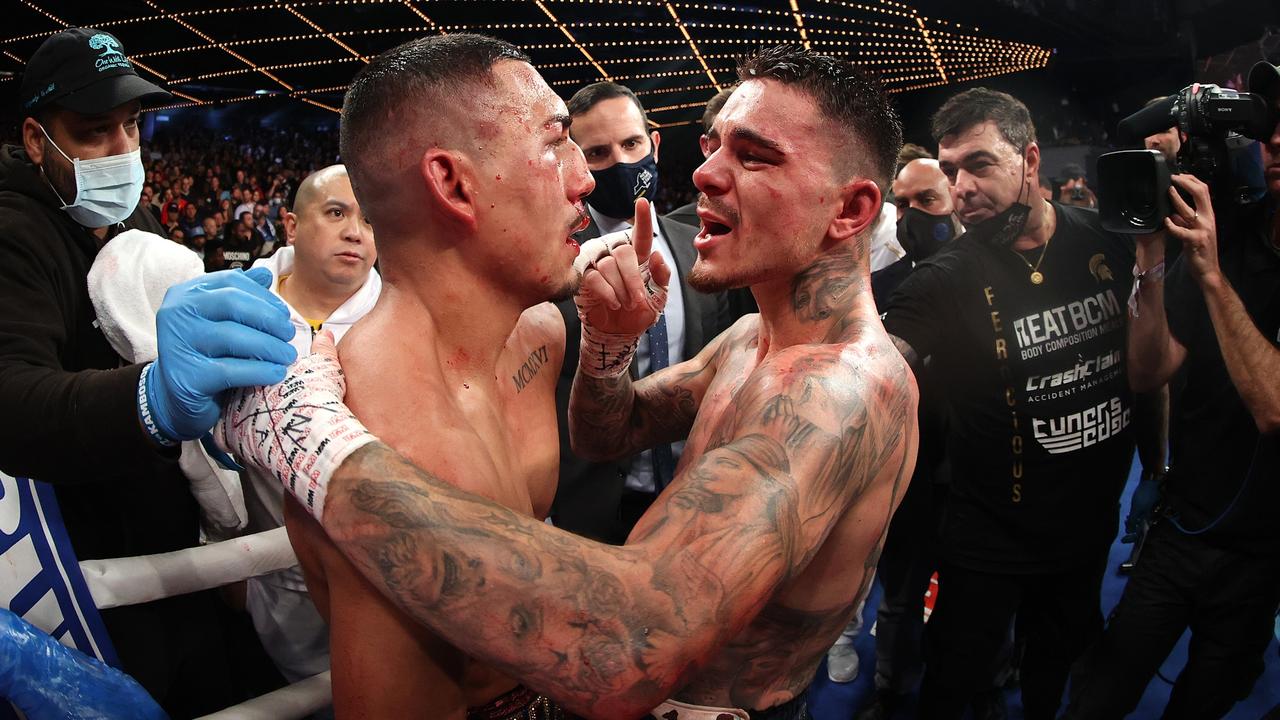 Teofimo Lopez and George Kambosos talk after their championship bout. (Photo by Al Bello/Getty Images)