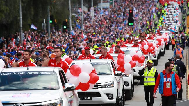 Fans line the streets for the annual Grand Final parade. Picture: Phil Hillyard