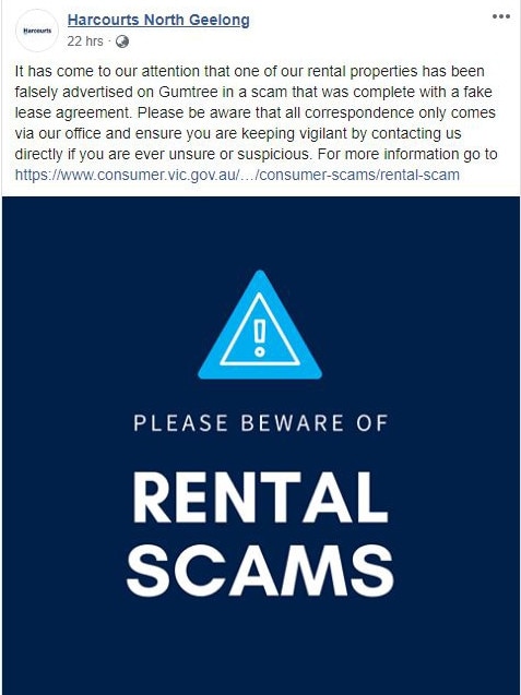 North Geelong real estate agents have warned tenants on Facebook after one of their properties was caught up in an online rental scam.