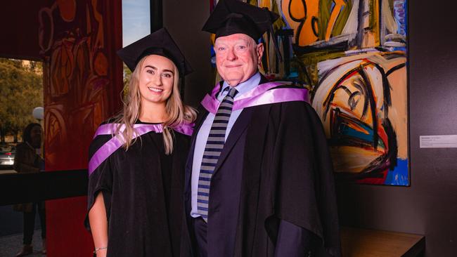 Graduation Ceremony at the University of Tasmania, Burbury Theatre on Friday 28th April 2023. Batchelor of paramedic medicine graduates, Jen Carter and Bob Muller. Picture: Linda Higginson