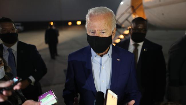 Democratic presidential nominee Joe Biden speaks with journalists before departing the Detroit Metro area on Wednesday September 9. Picture: AFP