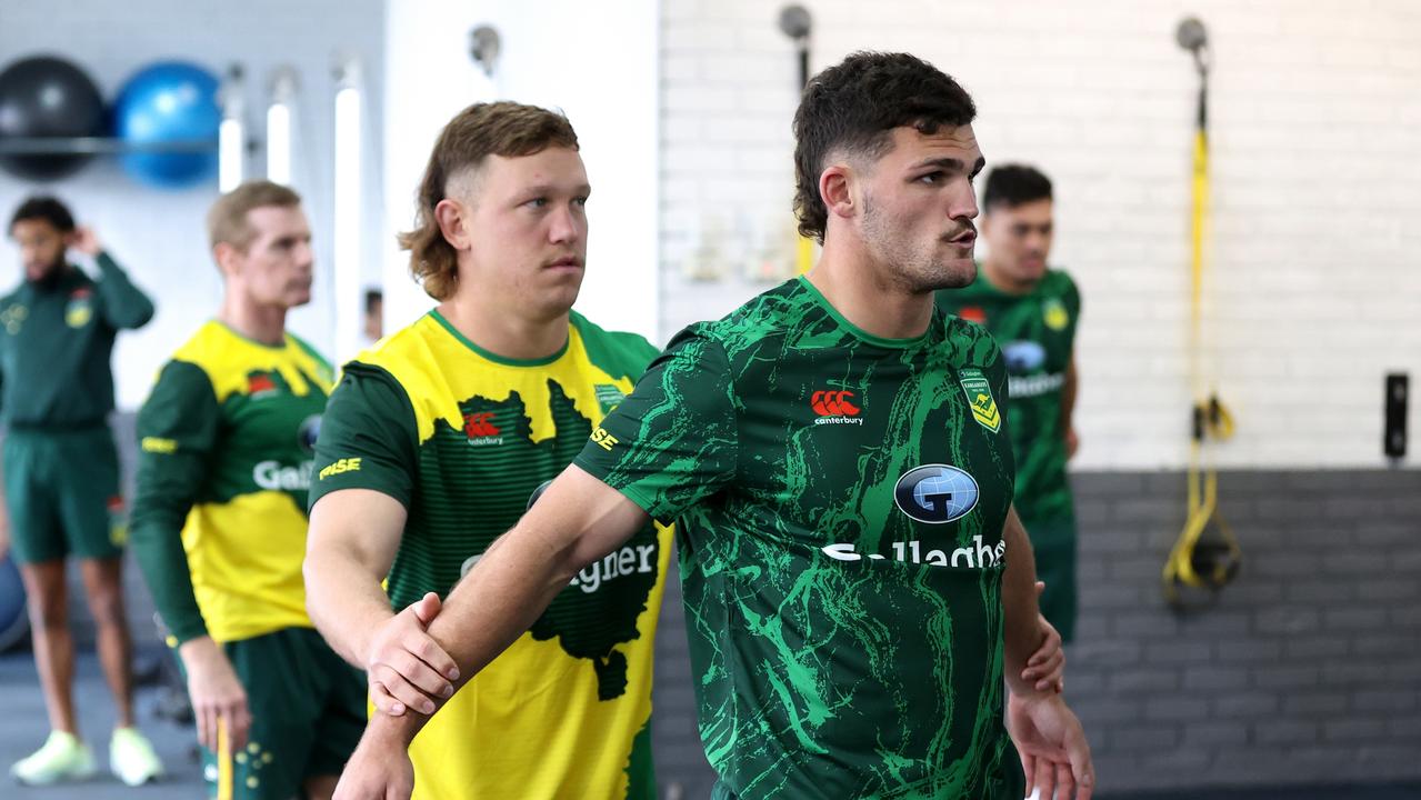 Nathan Cleary and Reuben Cotter get in some late exercise before their flight. Picture; Brendon Thorne/Getty Images