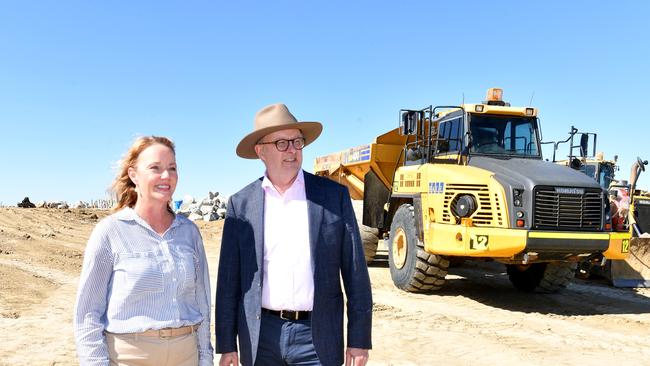 Townsville Port CEO Ranee Crosby with Prime Minister Anthony Albanese looked at reclaimed land at Townsville Port. Picture: Evan Morgan