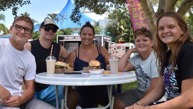 (L-R) Emilio Escobar-Lang, Justin Lang, Livy Escobar-Lang, Marcelo Escobar-Lang and Isabella Escobar-Lang at day two of the Senior and Masters division of the 2023 Queensland Surf Life Saving Championships at Mooloolaba. Photo: Elizabeth Neil