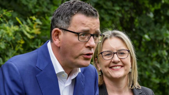 MELBOURNE, AUSTRALIA - NewsWire Photos NOVEMBER 27, 2022 : Victorian Premier Daniel Andrews and Deputy Premier Jacinta Allan hold a press conference in the gardens of Parliament House, after Labor was re elected in the state election for a third time yesterday.Picture NCA NewsWire / Ian Currie