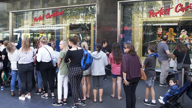 Crowds line up for the Myer Christmas Window display. Picture: Sarah Matray