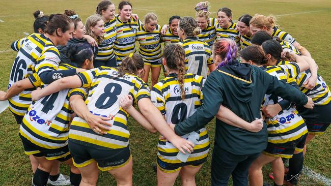 Caloundra rugby union senior women celebrate a win. Picture: Adrian Bell Photography