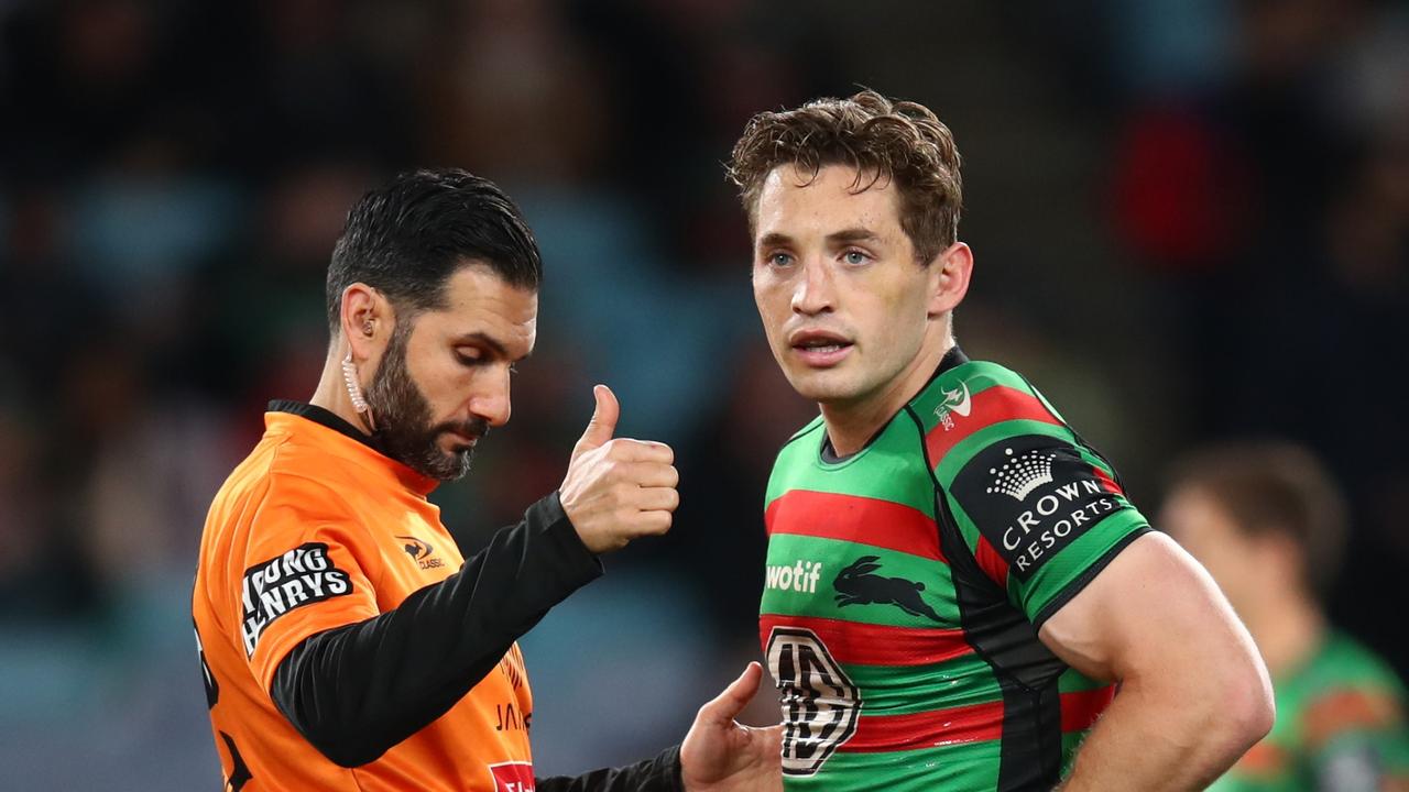 SYDNEY, AUSTRALIA – JULY 23: Cameron Murray of the Rabbitohs is assessed for a head injury during the round 19 NRL match between the South Sydney Rabbitohs and the Melbourne Storm at Stadium Australia on July 23, 2022 in Sydney, Australia. (Photo by Jason McCawley/Getty Images)