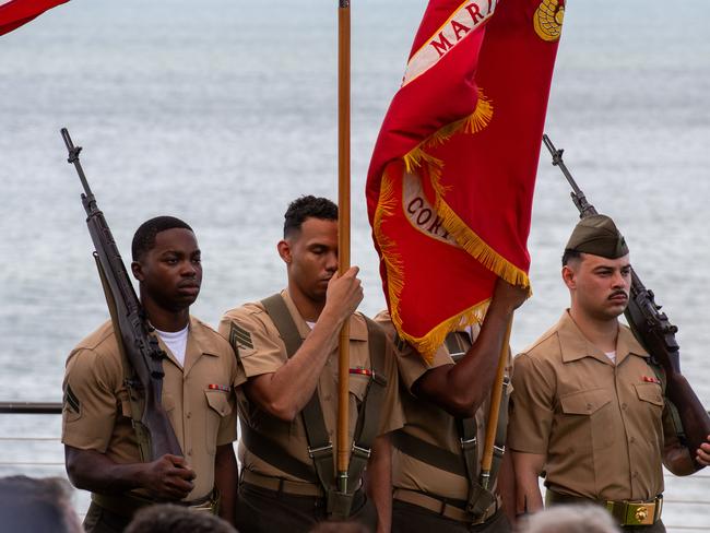 Cpl Simmons Cory, Sgt Mackey Valentino, Cpl Goldman III Alexander and LCpl Luzier Austin as Australians, Americans and Japanese gather before the USS Peary Memorial, Darwin Esplanade, to commemorate the Bombing of Darwin. Picture: Pema Tamang Pakhrin