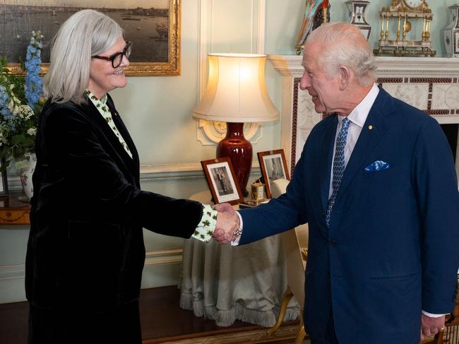 King Charles III meets Governor-General Designate of the Commonwealth of Australia, Sam Mostyn during a private audience at Buckingham Palace in London. Picture: AFP