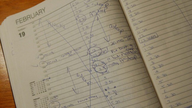 One of Kathleen Folbigg's diaries from 1989 which made up part of the evidence that led to her conviction. On the entry for 2 o'clock "finally a sleep" is written. Picture: AAP Image/Dean Lewins