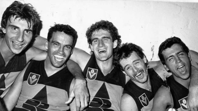 Five former South Australian football stars playing for the Brisbane Bears (from left) Neil Hein, Mark Williams, Mark Mickan, Brenton Phillips and Matt Campbell in 1987. Picture: Ray Titus