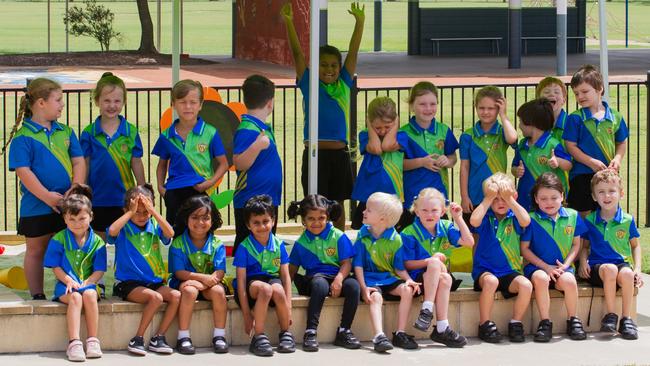 Teachers did their very best for the photos, but sometimes a little sun peeking through the clouds can ruin a photo like it did for these blinded little Bundaberg West State School preps.