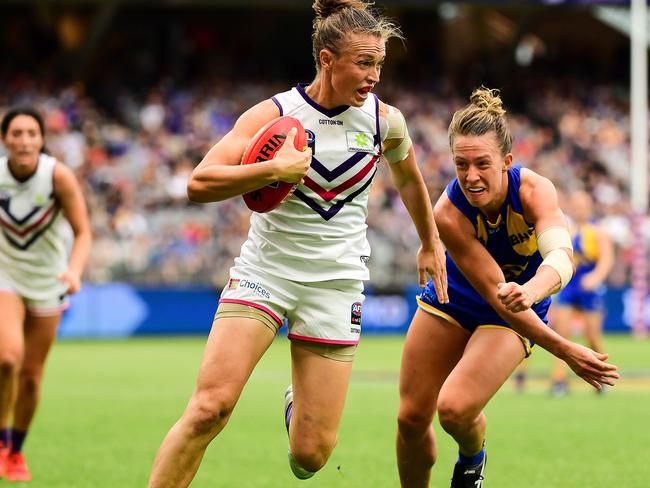 Ebony Antonio and the Dockers have won all five derbies against West Coast. Picture: Daniel Carson/AFL Photos via Getty Images