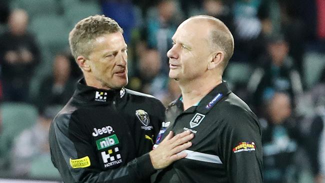 AFL - Friday, 16th October, 2020 - Preliminary Final - Port Adelaide v Richmond at the Adelaide Oval. Richmond coach Damien Hardwick and Port Adelaide coach Ken Hinkley after the match Picture: Sarah Reed