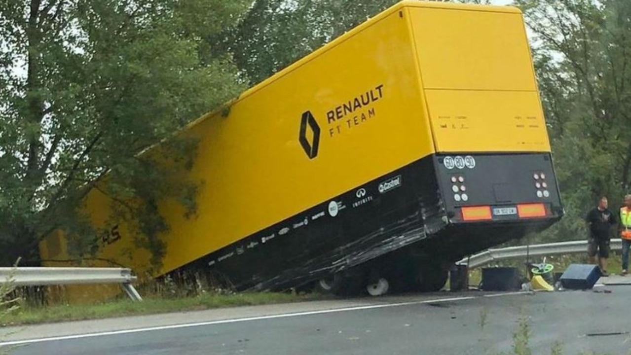 Renault trailer is pictured roadside after the crash.