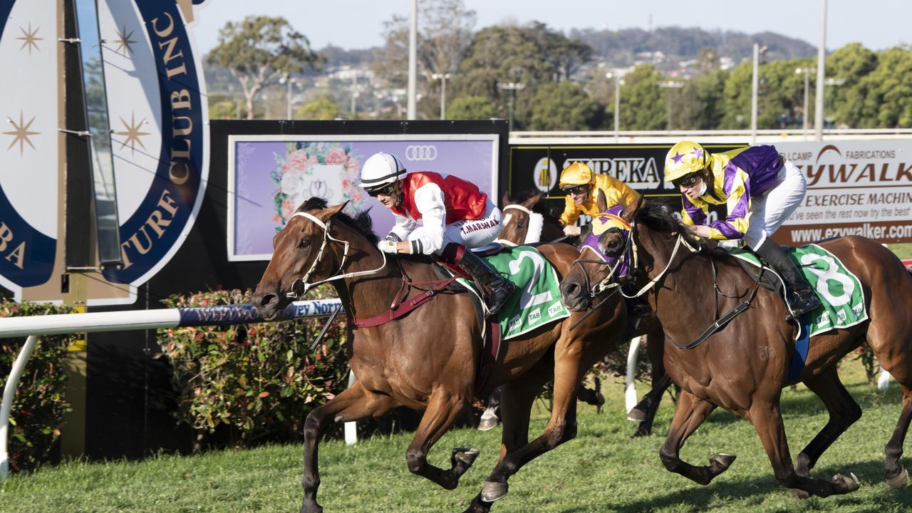 Wapiti ridden by Taylor Marshall wins the Toowoomba Cup. Picture: Nev Madsen