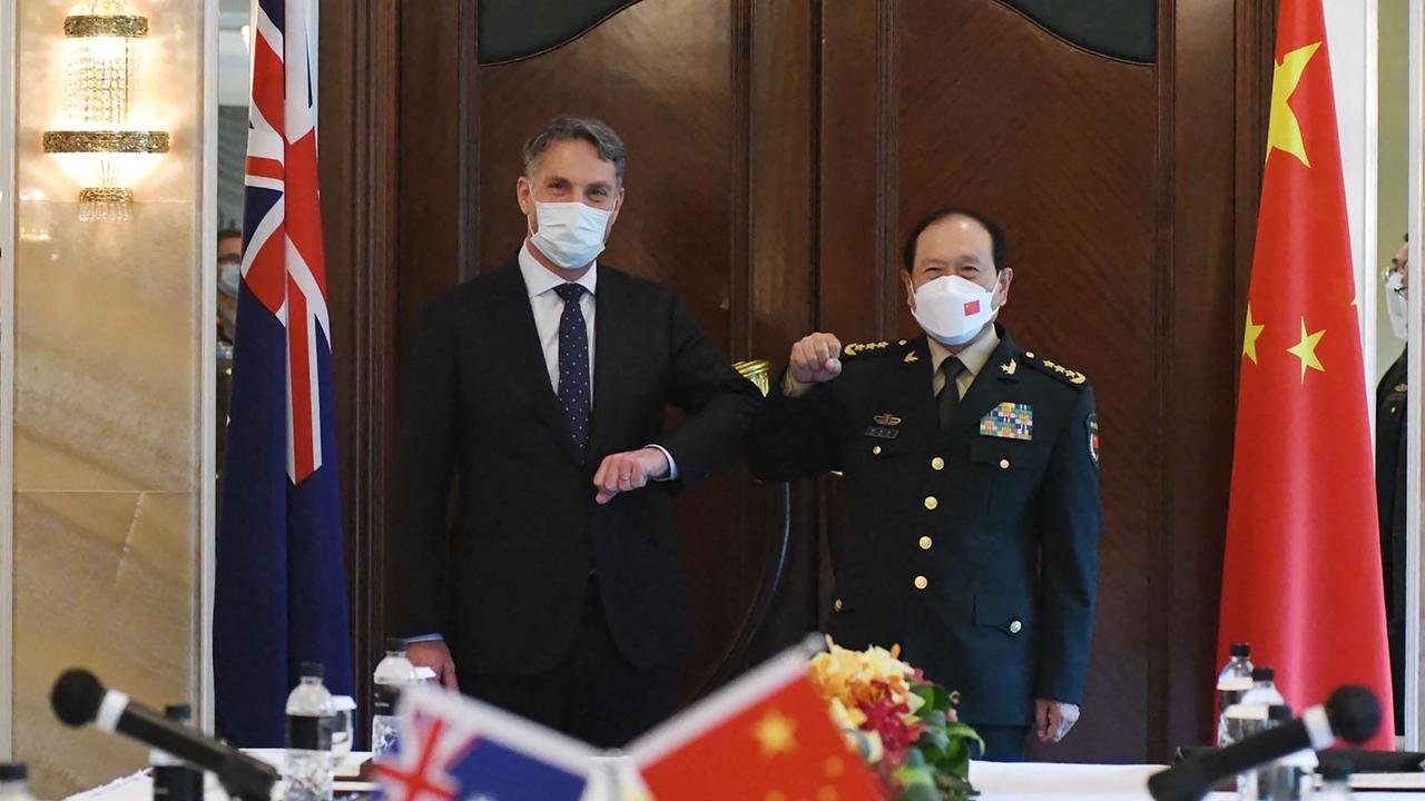 Defence Minister Richard Marles met with his Chinese counterpart Wei Fenghe on the sidelines of the Shangri-La Dialogue summit in Singapore. Picture: Australian Department of Defence / AFP