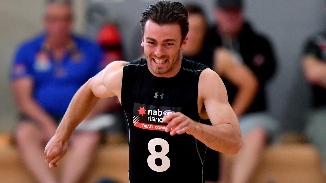 Luke Partington undertakes a sprint test during the 2019 NAB AFL State Draft Combines at Prince Alfred College in Adelaide, Saturday, October 12, 2019. (AAP Image/Sam Wundke) NO ARCHIVING