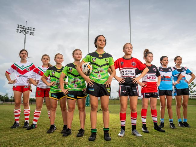 NRL NT are trying to get an under 13s female competition off the ground in 2021 to help grow the game in that demographic. Renee Scherell,  Nelly Robertson, Annabell Kay, Eva Kay, Marley Morgan, Bec Ashford, Alyra Baker, Mymona Bryers and Kathleen Malupo are looking forward to kick off.Photograph: Che Chorley