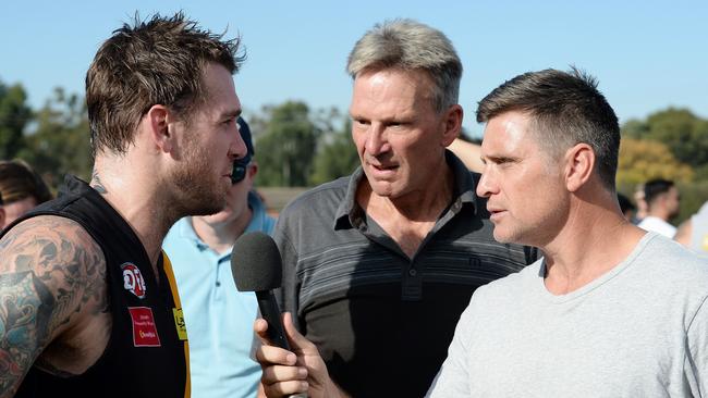 Sam Newman and Shane Crawford throw a few questions to Swan. Picture: Lawrence Pinder