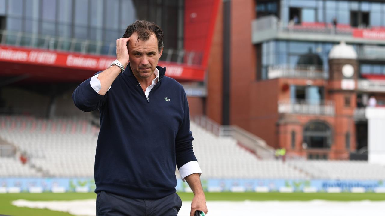 MANCHESTER, ENGLAND - SEPTEMBER 10: Chief Executive Officer of the England and Wales Cricket Board Tom Harrison pictured as he walks around the pitch to give a television interview after the match is cancelled during day one of the Fifth Test Match between England and India at Emirates Old Trafford on September 10, 2021 in Manchester, England. (Photo by Stu Forster/Getty Images)