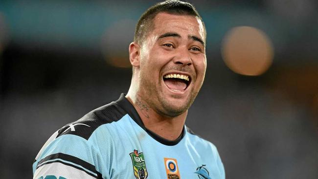 Andrew Fifita of the Sharks celebrates following his team's win over the Storm in the NRL grand final. Picture: DAN HIMBRECHTS