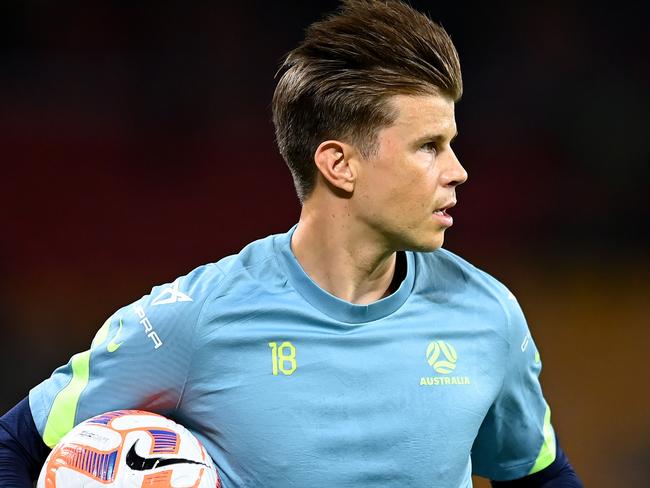 BRISBANE, AUSTRALIA - SEPTEMBER 22: Mitch Langerak of Australia warms up before the International Friendly match between the Australia Socceroos and the New Zealand All Whites at Suncorp Stadium on September 22, 2022 in Brisbane, Australia. (Photo by Albert Perez/Getty Images)