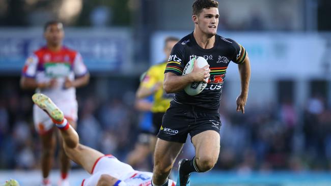 Nathan Cleary runs away from the Knights defence during his 34-point haul in Round 25, 2019. Picture: Jason McCawley/Getty