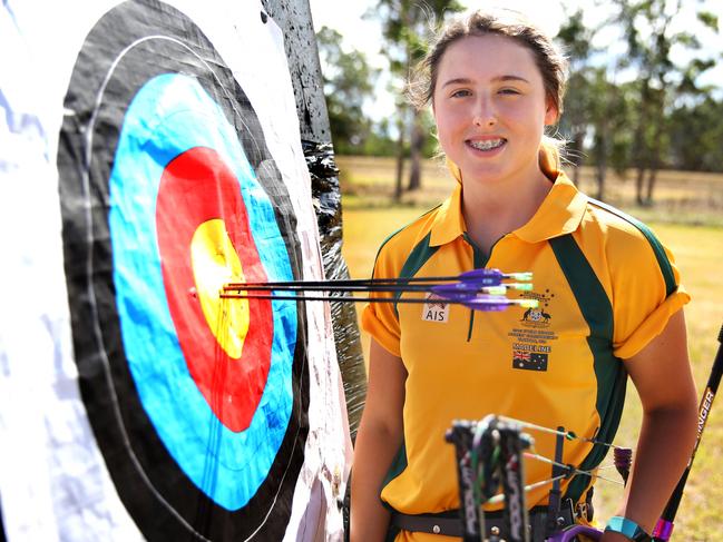 Penrith City Archers 17 year old Madeline Boyle poses for photographs in Werrington. Werrington, Saturday, February 3rd 2018. Madeline Boyle who Penrith City Archers Madeline Boyle 17yrs old has earned her spot on the Australian team to compete in the Indoor world cup at Yankton South Dakota next month and is also shooting at las Vegas just before. (AAP Image / Angelo Velardo)