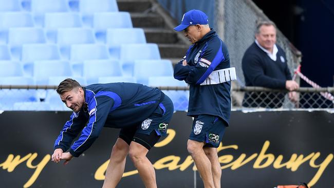 Terry Lamb watches over Kieran Foran at training. Picture: AAP/Joel Carrett