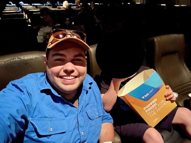 Bruce Lehrmann at the movies with one of the kids he is now a full time live in nanny for. Pic Supplied.